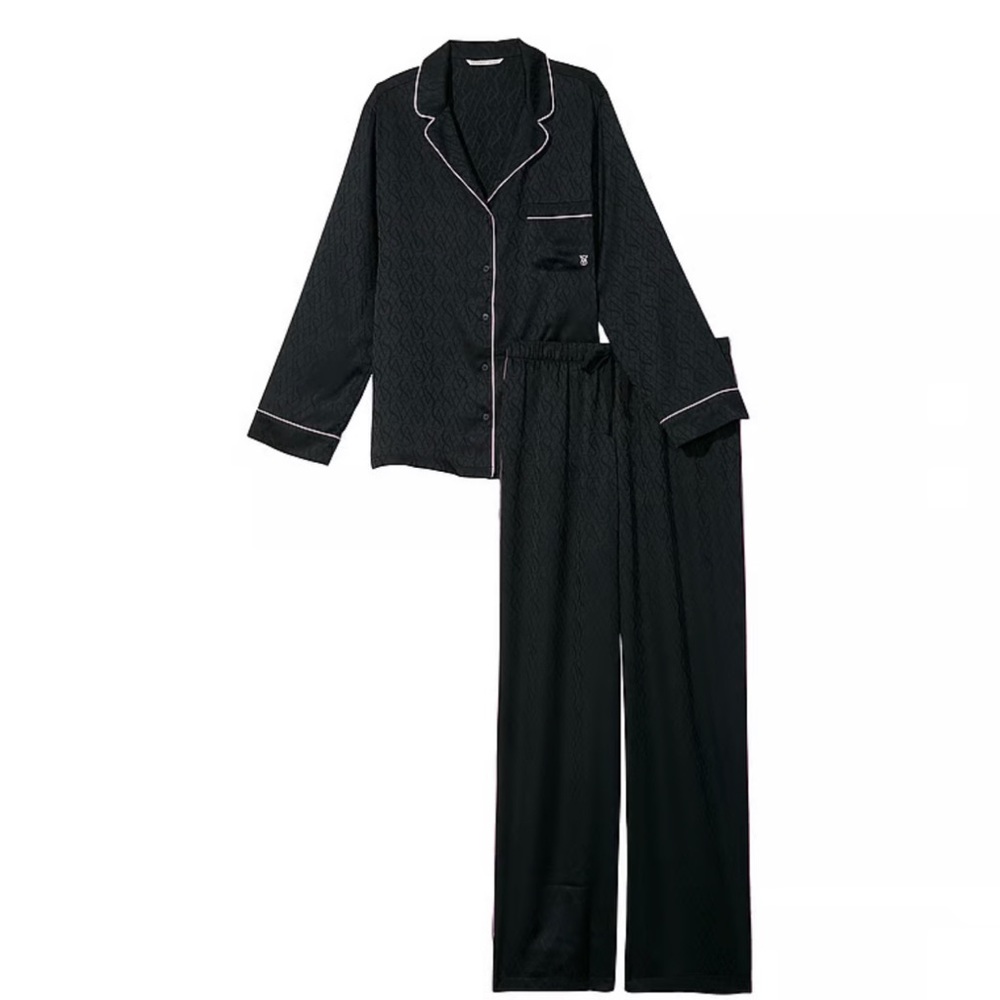 Victoria’s Secret Satin Long Pajama Set in Black Logo Jacquard